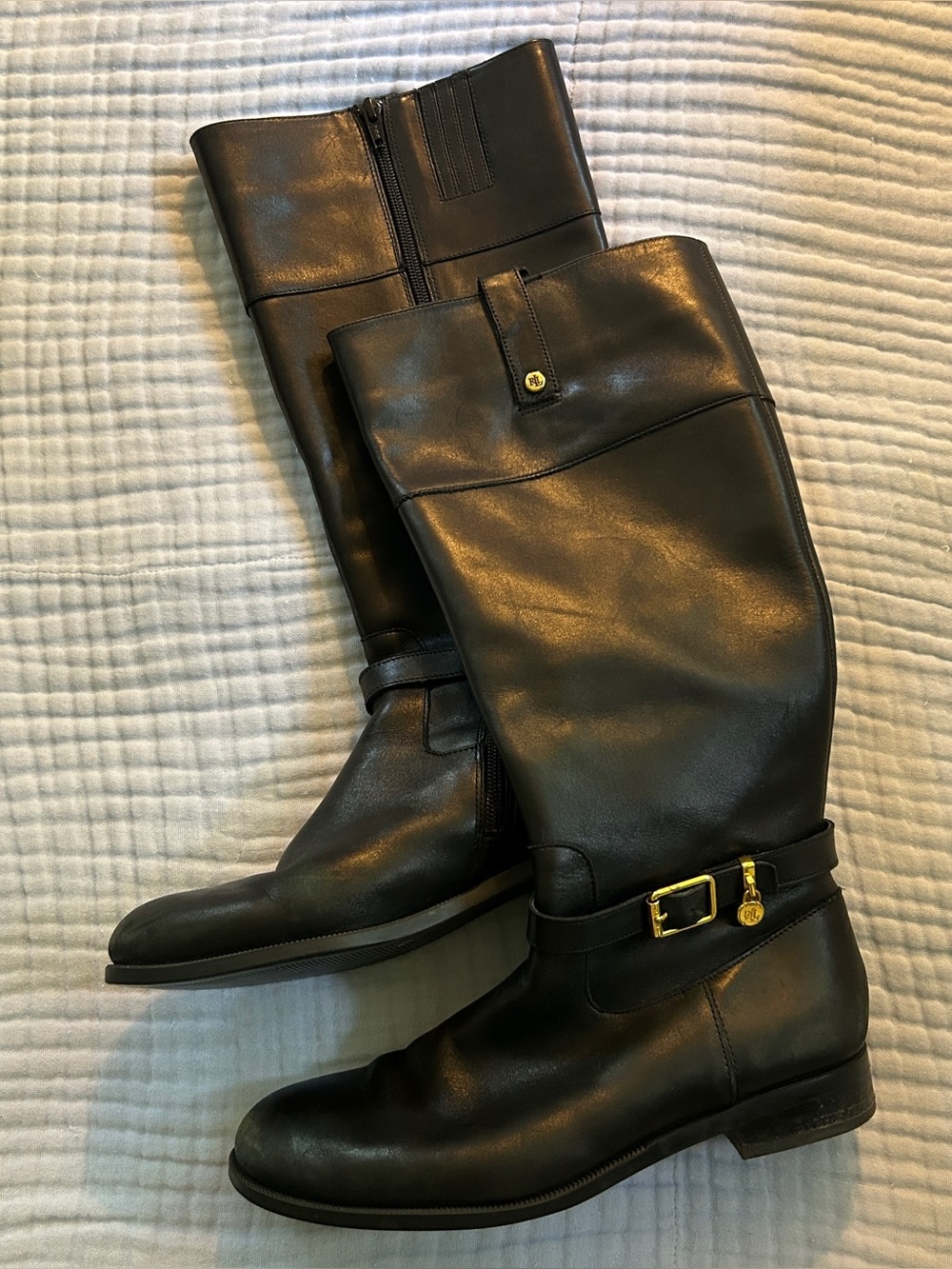 Ralph Lauren Black Leather English Riding Boots Knee Height Gold 8
